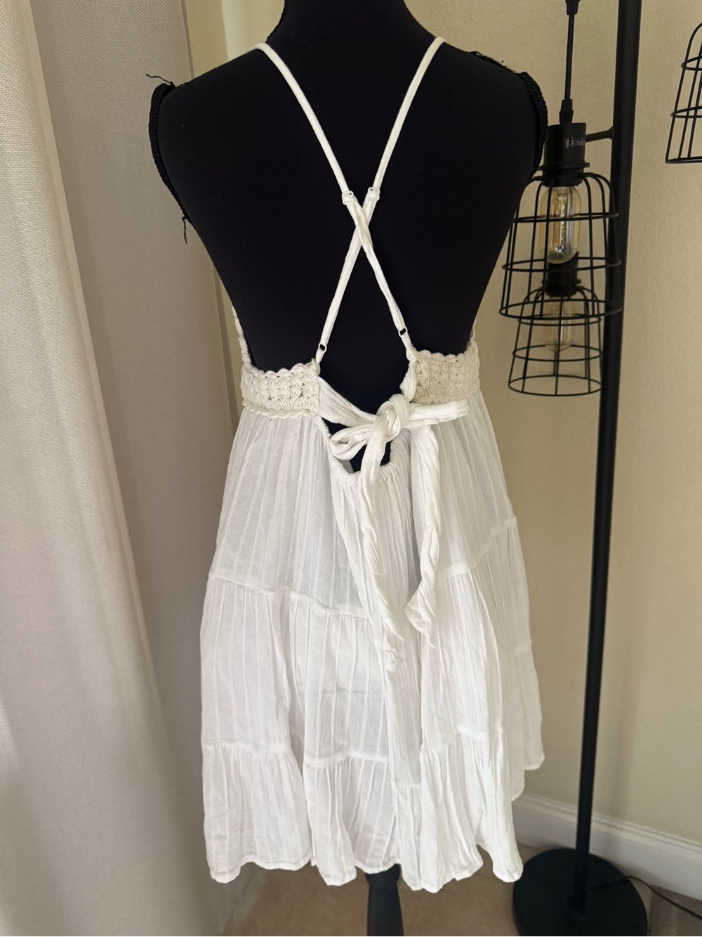Aerie White Crochet Mini Dress XL Boho Cottagecore Tiered Sundress - Picture 7 of 9